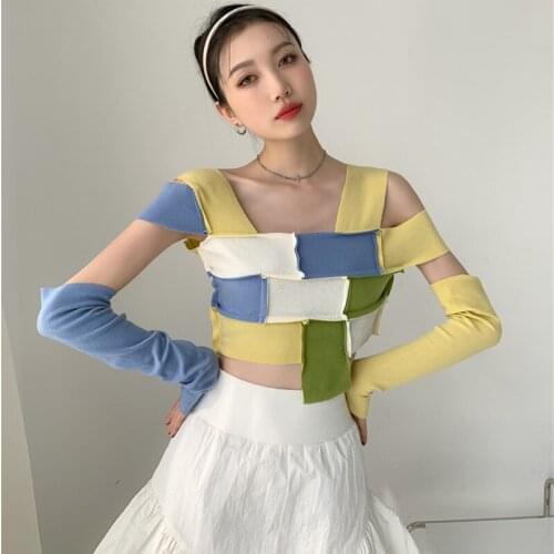 Women Knitted Color Matching With Cuff T-shirt New Arrivals Square Collar Short Sleeve Fashion Tide Summer 2021 Z338