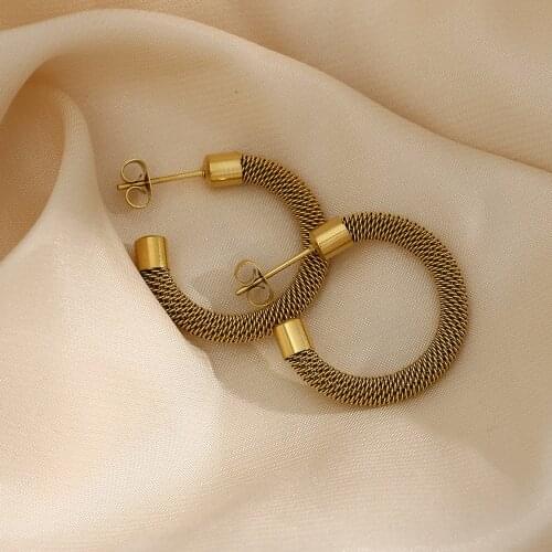 New Design Vintage Gold Woven Mesh Round Loop Hoop Earrings For Women Stainless Steel Waterproof Gold Jewelry For Female