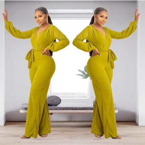 2021 Best Quality Famous Brand Women Jumpsuit V Neck Bandage Solid Color Longsleeve