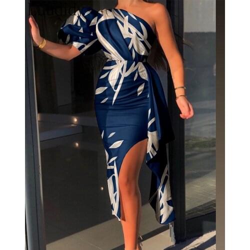 Women Sexy Print One Shoulder Puff Sleeve Slit Party Dress