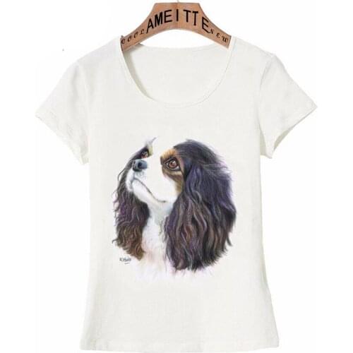 Fashion Women Short Sleeve Cavalier King Charles Spaniel Dogs Print T-Shirt White Casual Apparel Cute Girl Tops Funny Female Tee