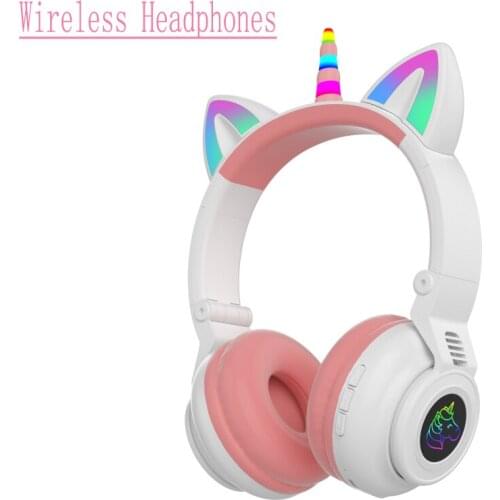 Flash Light Cute Cat Ears Unicorn Wireless Headphones With Mic Can Control LED Kid Girl Stereo Music Helmet Phone Headset Gift