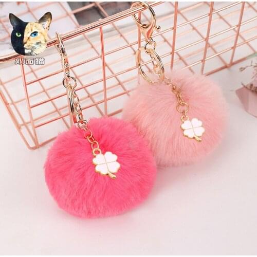 Cute Fluffy Fur Ball Key Chain Four Leaf Clover Artificial Rabbit Pompons Car Pendant Keyring Holder Charm Bag Girl Party Gift