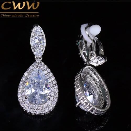 CWWZircons High Quality Women Party Jewelry Silver Color Water Drop Cubic Zirconia Clip On Earrings No Pierced Ear CZ155