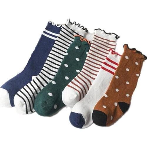 Girls Knee High Socks with Lace Dot Stripe Cheap Stuff Ruffle Socks for Girls Children Sports Wear Toddler Cotton Long Socks