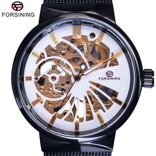 Forsining White Golden Dial Ultra Thin Case Mechanical Punk Black Steel Hook Buckle Top Brand Luxury Fashion Men Skeleton Watch