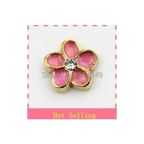 Hot selling gold plating pink flower floating charm living glass floating memory locket charms