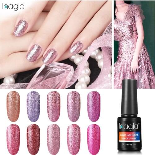 Inagla 34 Colors Bling Glitter 15ml Platinum Gel Nail Polish Soak Off UV LED Nail Art Top Base Coat Varnish Long Lasting