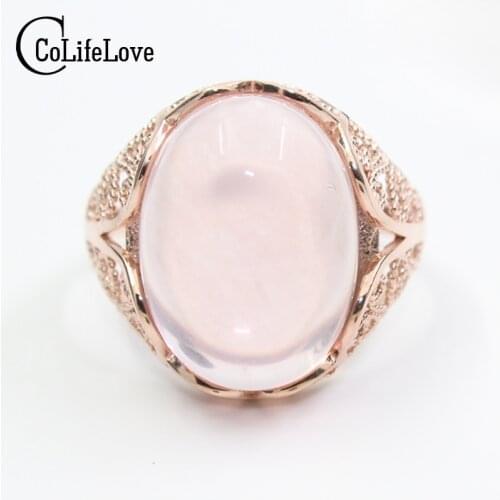 Romantic rose quartz ring exaggerated gemstone ring for woman solid 925 silver 13 mm * 18 mm natural rose quartz silver ring