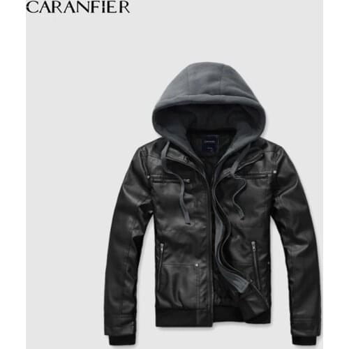 CARANFIER Mens Leather Jackets Winter Warm Coats Male Turn-down Collar Hooded Faux Outerwear Motorcycle Biker Jacket Windproof