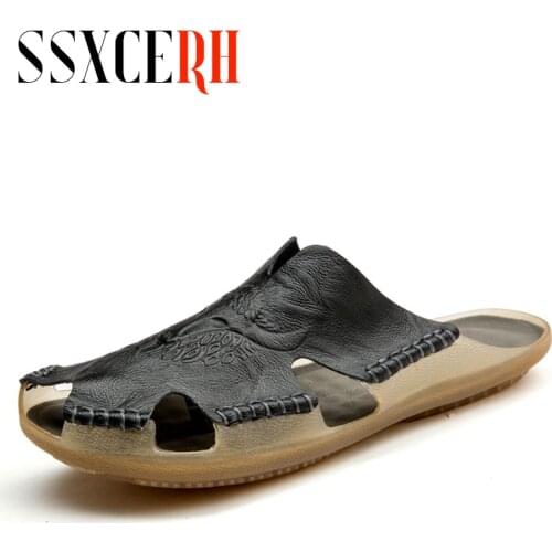 2021 Summer Genuine Leather Shoes Men Slippers Sandals Fashion Shoes Men Slides Outdoor Slippers Water Shoes Plus Size Slippers