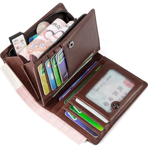 100% Genuine Leather Wallet Business Credit Card Holder RFID Blocking Vertical Zipper Coin Purse Wallet Men