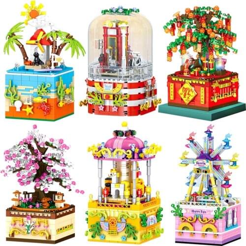 2021 New Sakura Tree House Music Box Model Sets Building Bricks Toy City Sky Ferris Wheel Whirligig Flower Girl Gift Friend