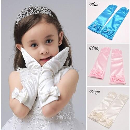 New Fashion Long Stretch Satin Gloves Children Wedding Dance Birthday Party Cute Flower Girls Finger Pearl Bow Soft Dress Gloves