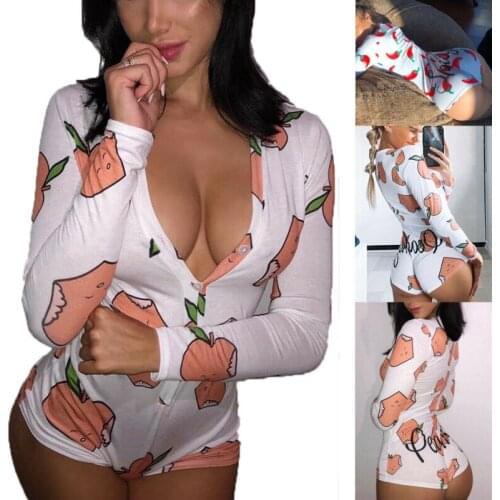 New Fashion Women Sexy Button Slim Fit V Neck Leotard Ladies Casual Long Sleeve Skinny Chili Peach Print Bodysuit Hot