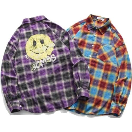 Plaid Smiley Face Autumn Long-Sleeved Shirt Mens Lovers Harajuku Ins Fashion Mens Popular Brand