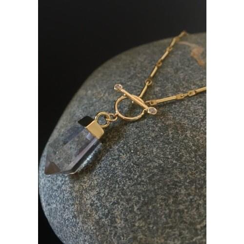 FUWO Wholesale Clear Quartz Neckace,Natural White Crystal Stone Piont With 17Inches Gold Stick Chain Jewelry NC091 5 Pieces