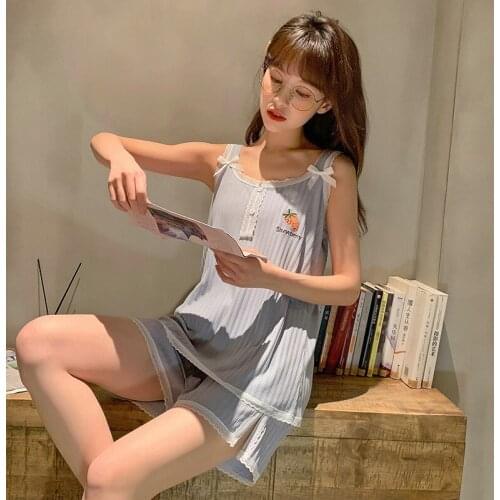 Summer Sweet Fruit Embroidery Pajama Set Lace Sling Home Clothes Shorts Pajamas Women Sleepwear Solid Loungewear Two Piece Set