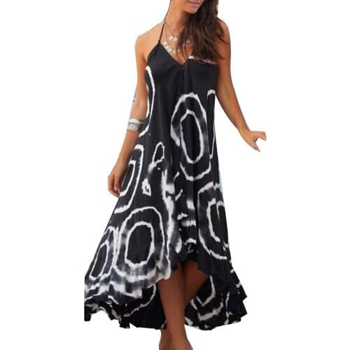 Boho Dresses Circle Print V Neck Women Backless Halter Bandage Asymmetric Maxi Dress Fashion Casual Elegant Dress Summer