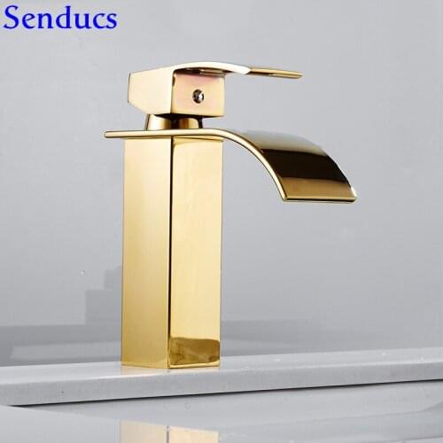 Senducs Square Gold Bathroom Mixer Faucet Deck Mounted Brass Basin Sink Faucet Single Handle Square Gold Basin Faucet