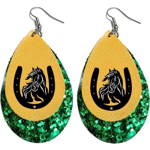 Horse Head & Horseshoe Earrings For Girl - Faux Leather Teardrop Earrings Doubl Imprint Stock Wholesale