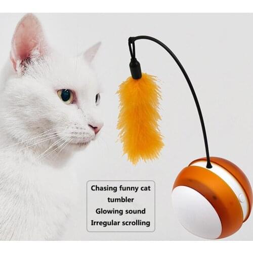 Funny Pet Cats Catching Toy with Feather Tumbler Luminous Vocal Rolling Ball Teaser Interactive Pet Feather Toys for Cats