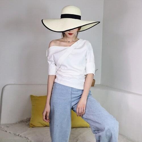 Style cotton linen irregular Half sleeve slant collar single shoulder white shirt top female 525