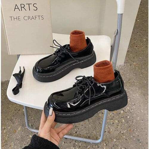 Retro Women Leather Shoes Platform Shoes Woman Casual Flats Lace Up Loafers Footwear British Female Casual Oxford Shoes Zapatos