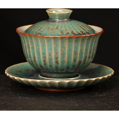 Vintage Glaze Kiln Change Gaiwan 100ml Green Ceramic Tea Bowls with Lid Big Master Cup Pu'er Tea Tureen Tea Cup Accessories
