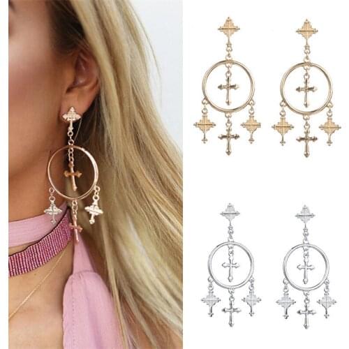 Women Exaggeration Large Long Earrings Vintage Boho Cross Earrings Alloy Carved Cross Tassel Earrings Jewelry Brincos