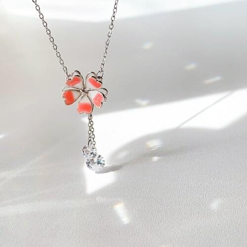 925 Sterling Silver Tassel Pink Cherry Blossoms Charm Pendant Choker Necklace For Girl Women Statement Wedding Jewelry dz591