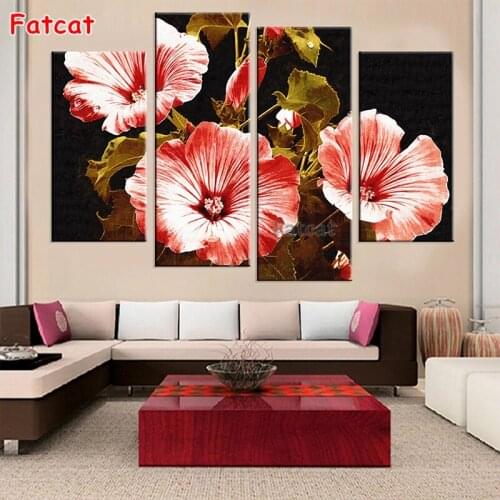 4 Panel red flower 5d diy diamond painting full drill mosaic floral diamond stitch embroidery gift home drop shipping PP1784