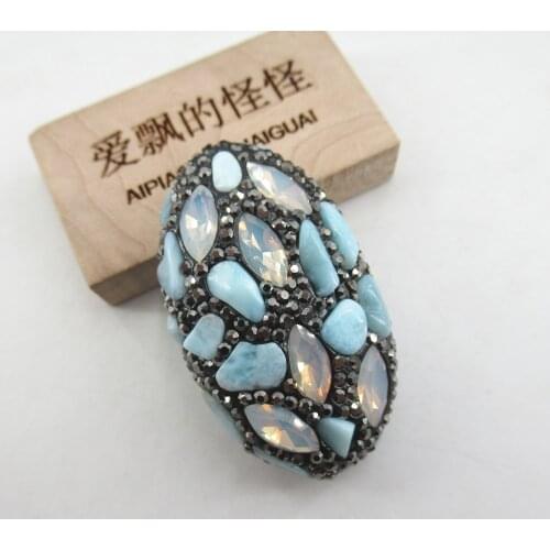 APDGG 1PC Natural Blue Larimar Crystal Pave CZ Rhinestone Oval Shape Connector Spacer Beads Bracelet necklace Jewelry DIY