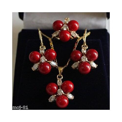 Free deliver Nobility Lucky Women New 8mm Red South Sea Shell Pearl Earrings Ring & Necklace Pendant Jewelry Set