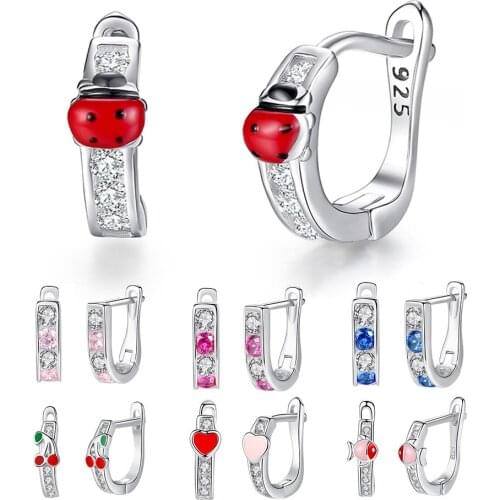 Pure 925 Sterling Silver Earrings Clear CZ Crystal Enamel Ladybug Cherry Tiny Heart Stud Earrings For Girls Kids Silver Jewelry