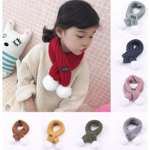 New Baby Girl Winter Warm Pom Pom Double Ball Knit Scarf Kids Solid Color Wool Knitted Scarves for Boys Girls