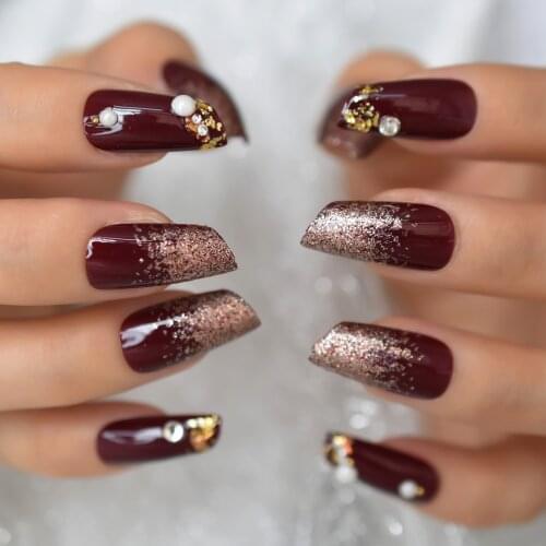 Beveled Cut Long Fake Nails Deformity Cool Unique Mdium Artifical False Glitter Press On Nails With Pearl Crystals