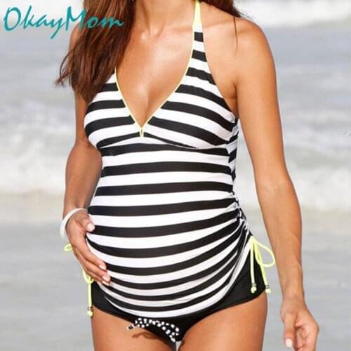 OkayMom Maternity Swimwear Clothing Pregnant Sexy Large Size Striped Two Pieces Swimming Suit Pregnancy Wear Beach Bathing Suits