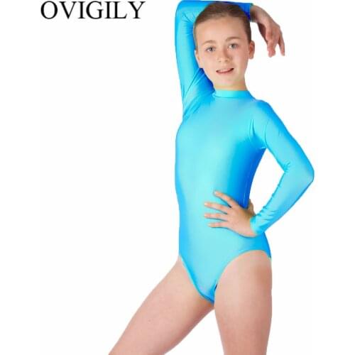 OVIGILY Childrens High Neck Leotard Gymnastics Performance Leotards For Girls Turtleneck Long Sleeve Ballet Dance Short Unitard