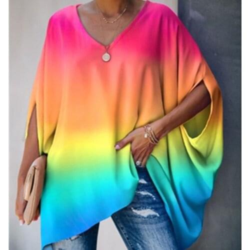2021 Hot Selling Women Plus Size Solid Dazzling Rainbow Blouse Casual Loose Gradient Fashion Ladies T-Shirt