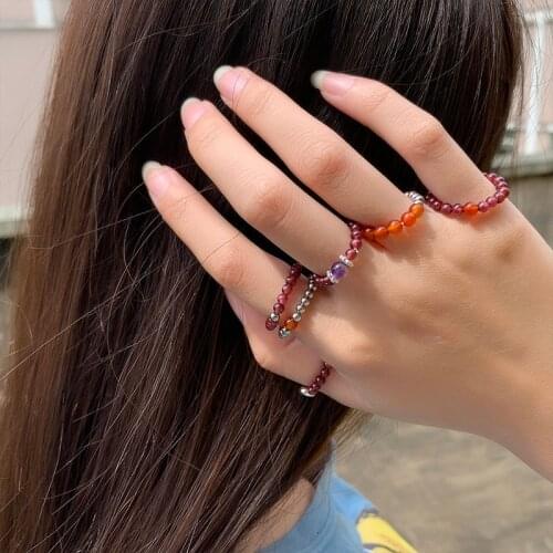 Cute Handmade Garnet Rings for Wedding Stretchy Natural Stone Jewelry Korean Stainless Steel Women Rings Party Gifts Wholesale