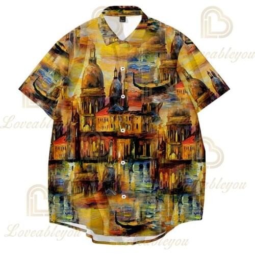 Camisa Hawaiana Hombre Oil Painting Creative Printing Hawaiian Style Printing Summer Casual Loose Short-sleeved Shirt Mens