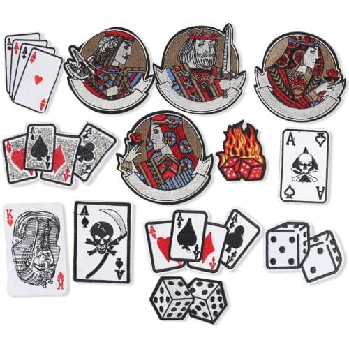 2021 New Stylish Play Cards Poker Dices Punk Rock Diy Embroidered Iron on Patch Appliques for Jacket Bag Backpack