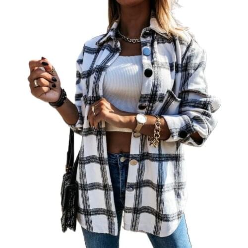 Autumn Winter Women Stylish Coat Turn Down Collar Pockets Jacket Plaid Buttons Long Shirt Coat Plus Size Warm Clothes For Female