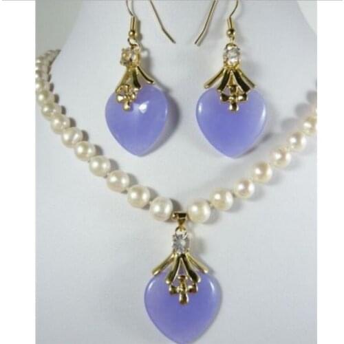 Charm 7-8mm white pearl necklace 17"& purple heart jade earring pendant