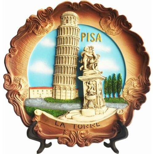 The Leaning Tower of Pisa and Angel Statue Disc Ornaments in Piazza dei Miracoli Italy Decorative Painted Crafts
