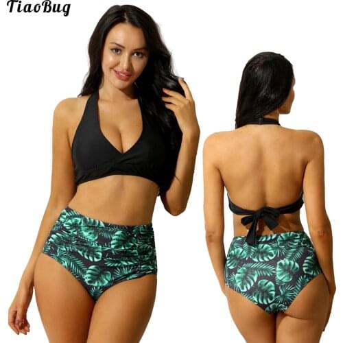 TiaoBug Women Summer 2Pcs Swimwear Bathing Suit Halter V Neck Top High Waist Ruched Bikini Briefs Beach Sets