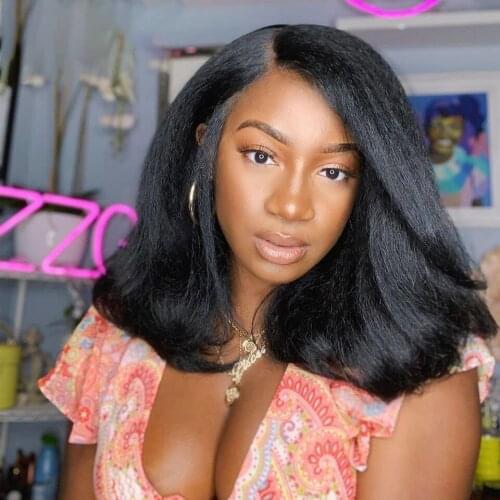 Yaki 180 % Density Short Cut Bob Kinky Straight Synthetic Front Lace Wig For Black Women Babyhair Preplucked Cosplay Daily Soft