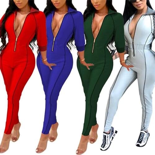 Women Jumpsuit, Zipper Closure 3/4 Sleeve Sexy Stand-up Collar Simple Line Style Spring Clothing