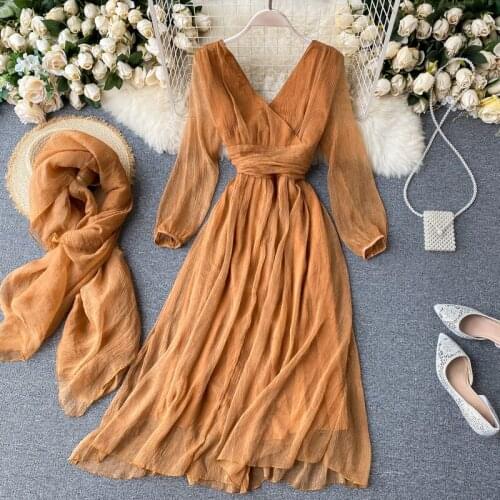 New Spring Autumn Women Retro Puff Sleeve V Neck Elegant Solid Chiffon Dress + Silk Scarf Korean A-line Holiday Dresses